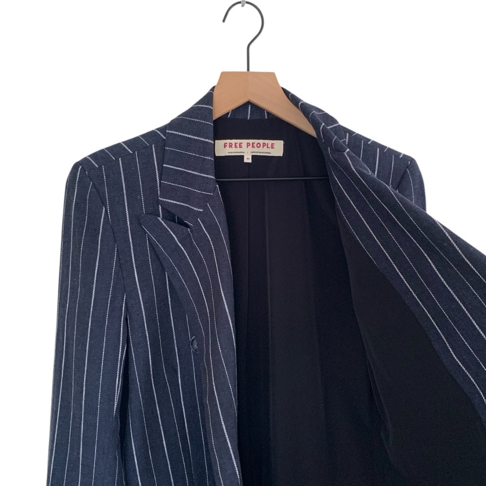 Free People Blue Pinstripe Linen Blend Double Breasted “Ashby” Blazer - Picture 9 of 11